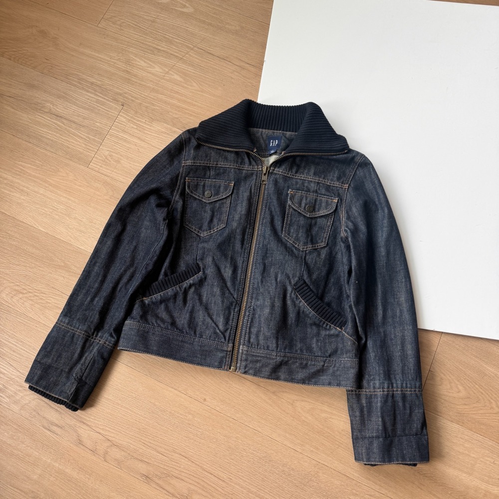 Y2K GAP Dark Wash Denim Knit Trim Full Zip Jacket Bomber Style Vintage